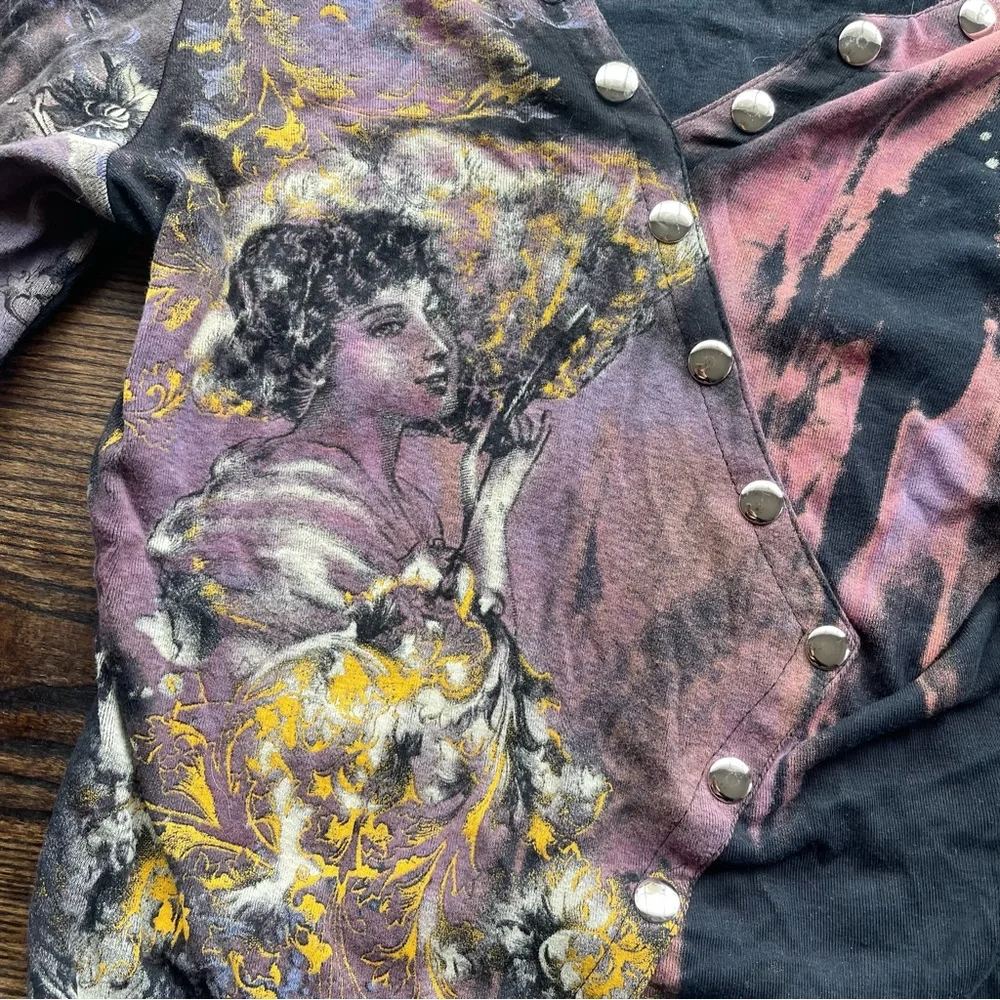 Boho Chic y2k Mixed-Print Art Studded Long Sleeve Tee in Black & Purple - Picture 4 of 4